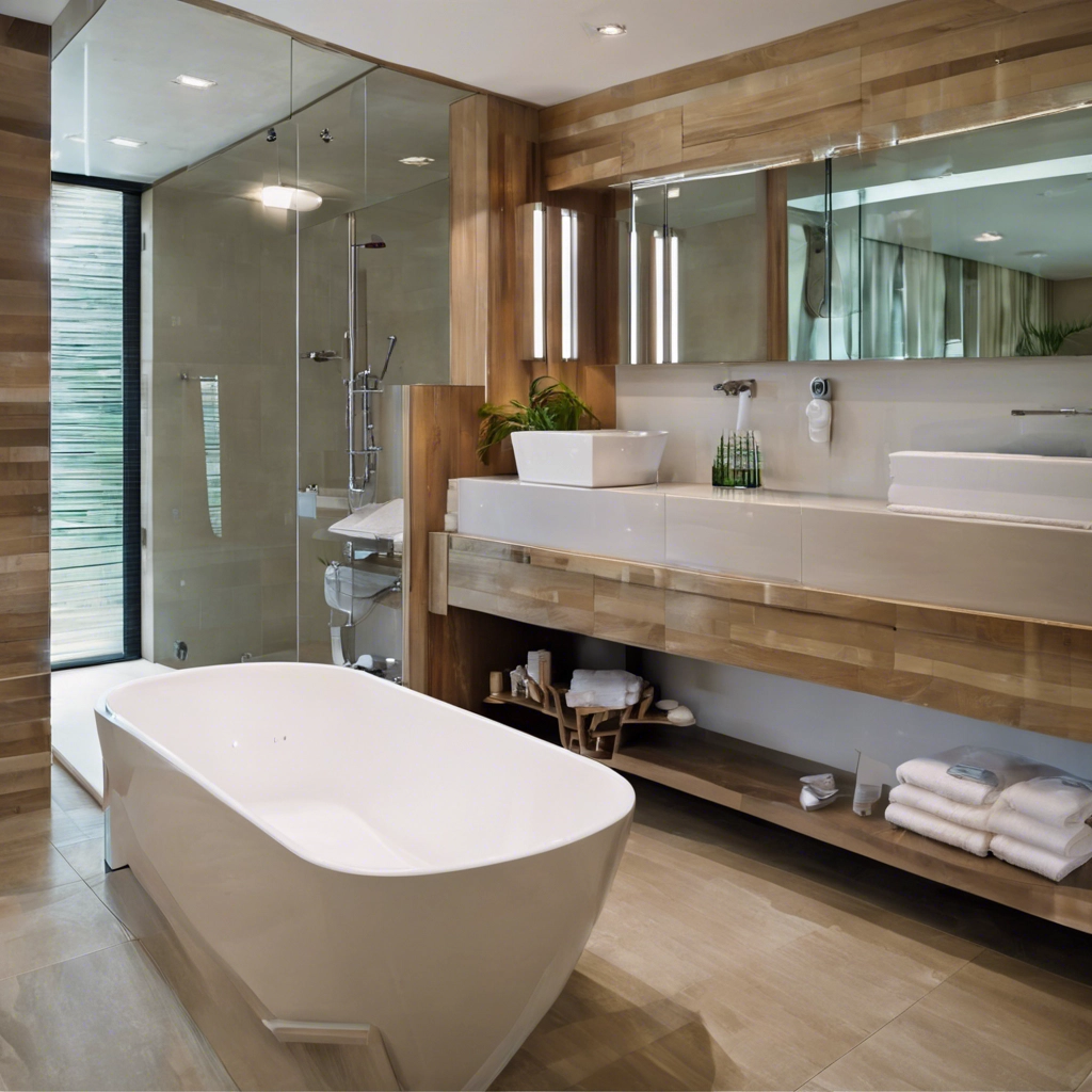 Elegant bathroom featuring a freestanding bathtub and a spacious glass-enclosed shower. The room includes a modern vanity with a vessel sink and ample storage space. Natural wood finishes and open shelving add warmth and a spa-like feel, while large mirrors and soft lighting enhance the luxurious and serene atmosphere.
